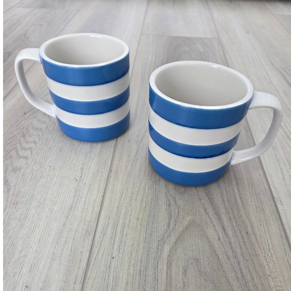 Set of 2 TG Green & Co Cornishware Ceramic Blue White Striped Coffee Mugs UK
